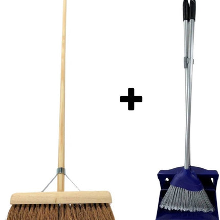 Synx Tools Balai en coco 30 cm et pelle et cendrier à long manche 95 cm - Ensemble balai - Poils de coco - Balai de salle - Pelle - Plastique - Ensemble pelle et cendrier pour hôtel - Pelle et cendrier à fermeture - Articles de nettoyage