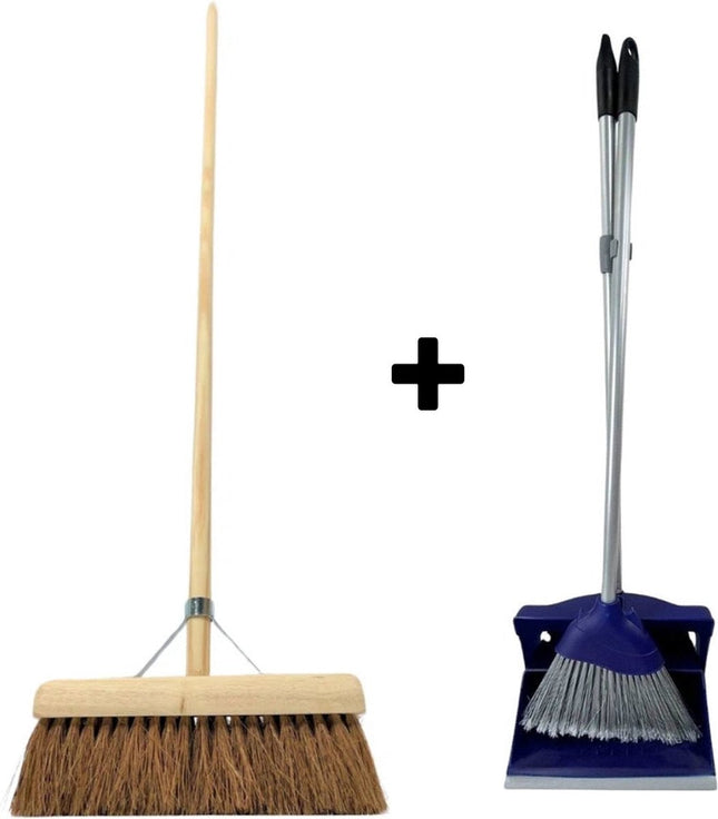 Synx Tools Balai en coco 30 cm et pelle et cendrier à long manche 95 cm - Ensemble balai - Poils de coco - Balai de salle - Pelle - Plastique - Ensemble pelle et cendrier pour hôtel - Pelle et cendrier à fermeture - Articles de nettoyage