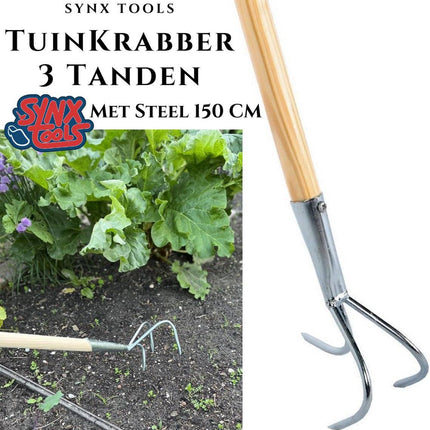 Synx Tools Râteau de jardin à 3 dents - râteau à trois dents - râteaux - cultivateur avec manche de 150 cm