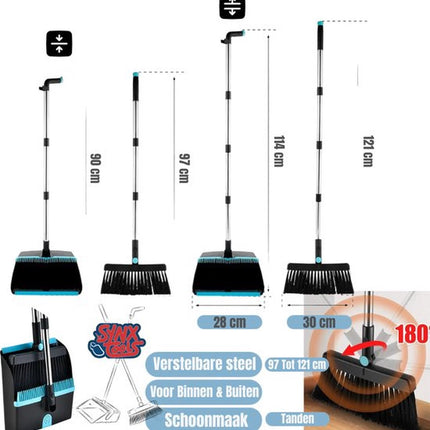 Synx Tools Cheveux de cheval 40 cm & Ensemble balayette et pelle de 2 pièces - Cheveux de cheval / balayette - Balai doux 40 cm - Manche de balai - Manche réglable jusqu'à 121 cm