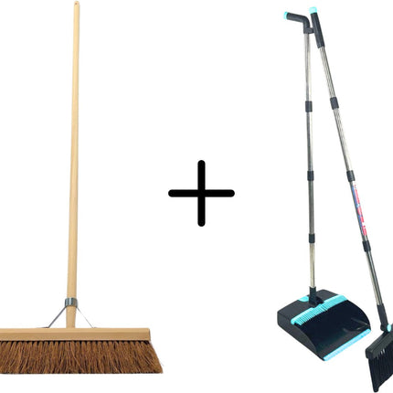 Balai d'intérieur Synx Tools Coco 50 cm & balayette et pelle Synx Tools à long manche 121 cm - Balais doux - coco - balai de salle - manche à balai - balayette et pelle avec dents de nettoyage - balayette et pelle
