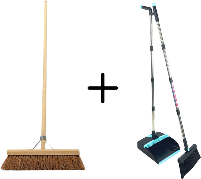 Balai d'intérieur Synx Tools Coco 50 cm & balayette et pelle Synx Tools à long manche 121 cm - Balais doux - coco - balai de salle - manche à balai - balayette et pelle avec dents de nettoyage - balayette et pelle