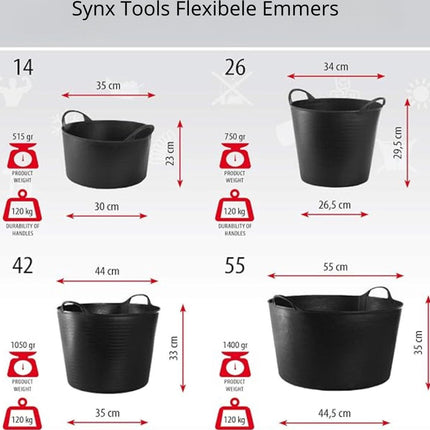 Synx Tools flexibele emmers maten en specificaties