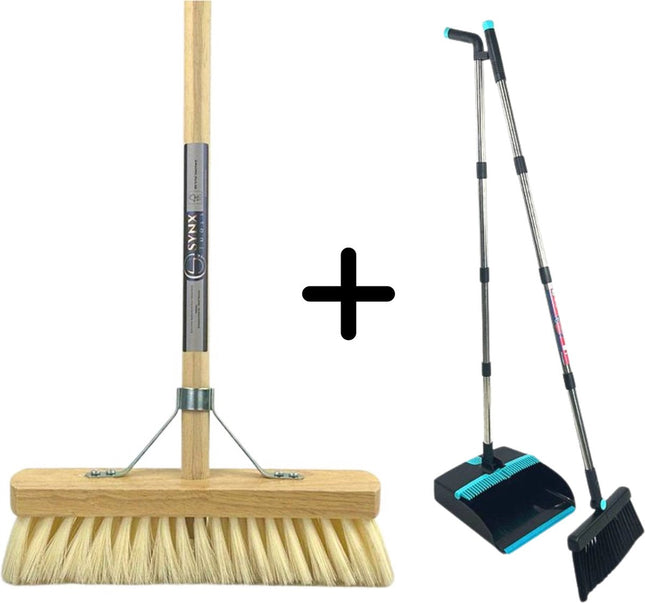 Synx Tools Fibersoft & Ensemble balayette et pelle de 2 pièces - Balai en fibres souples avec manche de 140 cm - Manche de balayette et pelle réglable jusqu'à 121 cm - Dents de nettoyage incluses