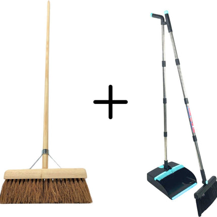 Balai Synx Tools Coco balai d'intérieur 30 cm & Synx Tools Pelle et balayette à long manche 121 cm - Balais doux - coco - Balai de salle - Manche à balai - Pelle et balayette avec dents de nettoyage - balai et balayette