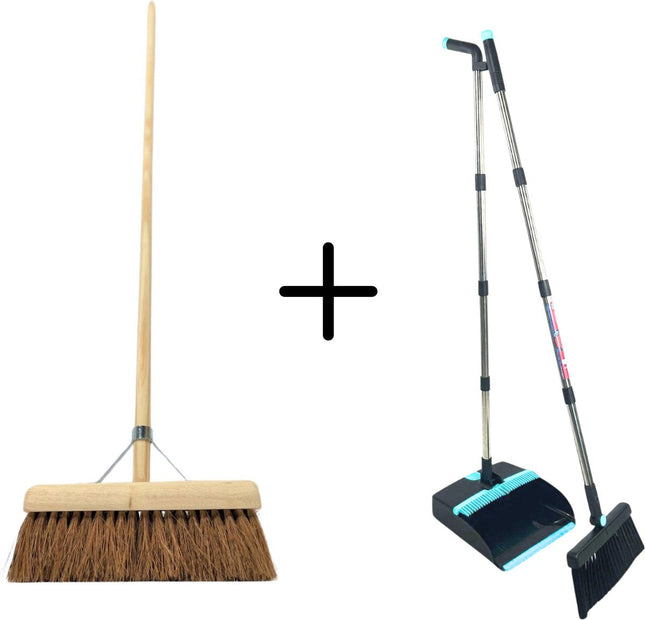 Balai Synx Tools Coco balai d'intérieur 30 cm & Synx Tools Pelle et balayette à long manche 121 cm - Balais doux - coco - Balai de salle - Manche à balai - Pelle et balayette avec dents de nettoyage - balai et balayette
