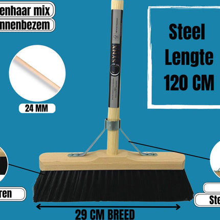 Balai intérieur Synx Tools en crin de cheval 29 cm - Balai doux - Balai souple - Manche 120 cm inclus -  Balai avec ensemble poubelle/pelle « bambou » collection « ECO »