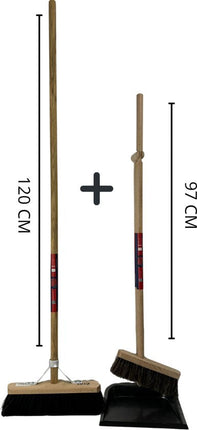 Balai doux, pelle et pelle à poussière avec long manche Kit de nettoyage - 97 cm - plumeau - Bois/métal - crin de cheval Balai de salle (30 cm) avec manche 120 cm - Kit combiné - Kit de nettoyage complet pour espaces intérieurs