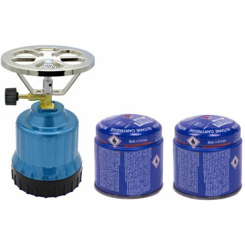 Camping kookstel metallic blauw met 2 gasnavullingen