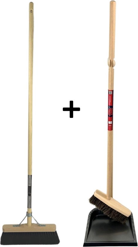 Balai doux, pelle et pelle à poussière avec long manche Kit de nettoyage - 97 cm - plumeau - Bois/métal - crin de cheval Balai de salle (30 cm) avec manche 120 cm - Kit combiné - Kit de nettoyage complet pour espaces intérieurs