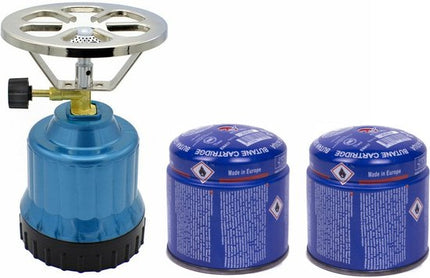 Blauw camping kookstel met gas navullingen