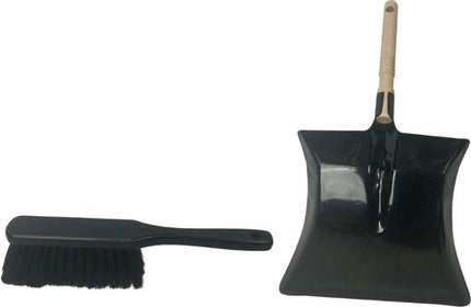 Stoffer en blik set zwart met houten handvat