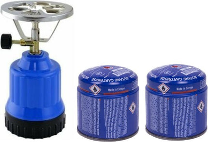 Blauw camping kooktoestel met gas navullingen