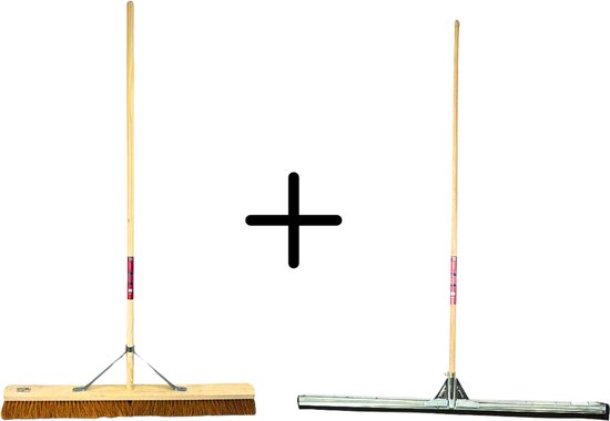 Synx Tools Balai doux en coco 90 cm & Racloir 100 cm - Balai avec manche 160 cm - Poils de coco - Racloir avec manche 150 cm - Bordure anti-éclaboussures