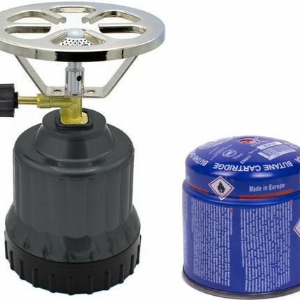 Réchaud de camping - plastique - gris foncé - avec recharge de gaz en cartouche - 190 grammes