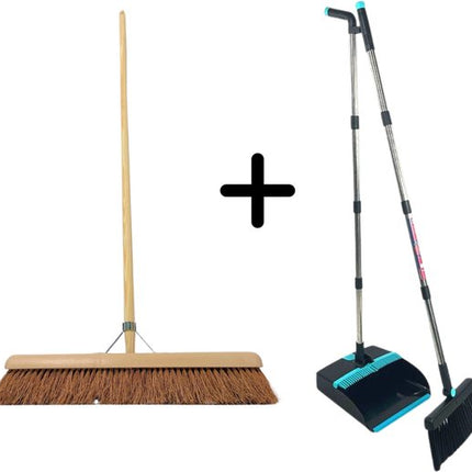Synx Tools Balai d'intérieur en coco 60 cm & ensemble pelle et balayette – Balai doux en fibres de coco et manche de 150 cm – Pelle et balayette réglables jusqu'à 121 cm – Dents de nettoyage incluses