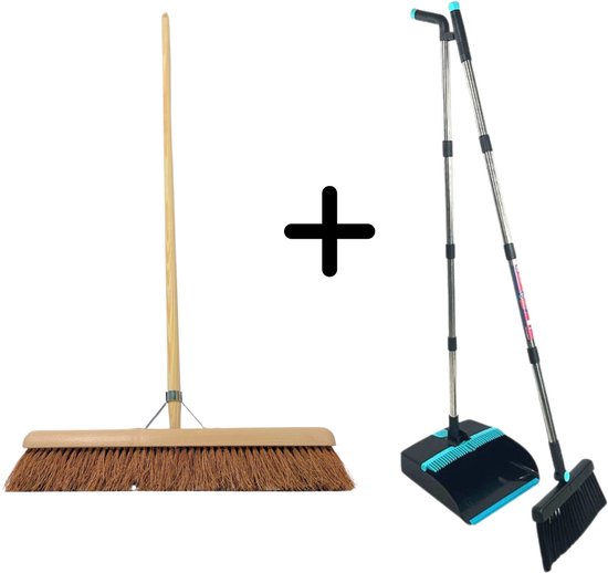 Synx Tools Balai d'intérieur en coco 60 cm & ensemble pelle et balayette – Balai doux en fibres de coco et manche de 150 cm – Pelle et balayette réglables jusqu'à 121 cm – Dents de nettoyage incluses