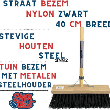 Synx Tool bezem Nylon Straatbezem Zwart 40cm - bezem buiten - Bezems - Tuinbezem - Kunststof haren - Bezem met steel 150 cm - Schrobborstels - Buitenbezem