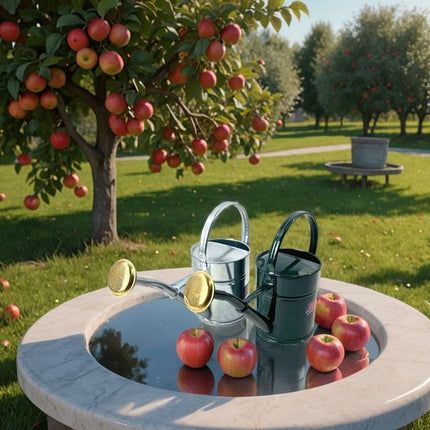 Gieters op tafel met appels in boomgaard, Synx Tools