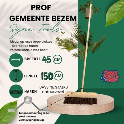 Prof Gemeente Bezem 45 cm incl. Steel 150 cm - Straatbezem / Stadsbezem - Harde natuurvezels - Tuinbezem