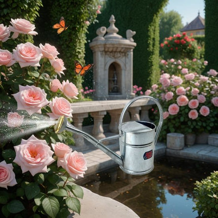 Gieter in bloementuin met rozen en vlinders
