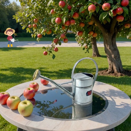 Zilveren gieter op tafel met appels in tuin