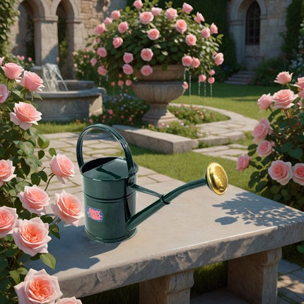 Groene gieter op tafel in rozentuin