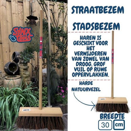 Synx Tools Balai de ville 150 cm & Ensemble pelle et balayette – Fibres naturelles dures – Balai de rue & Pelle et balayette d'hôtel avec long manche 95 cm – Modèle fermant