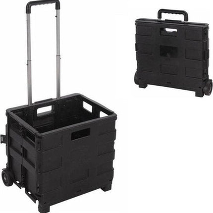 Opvouwbare zwarte boodschappentrolley met wielen en handgreep.