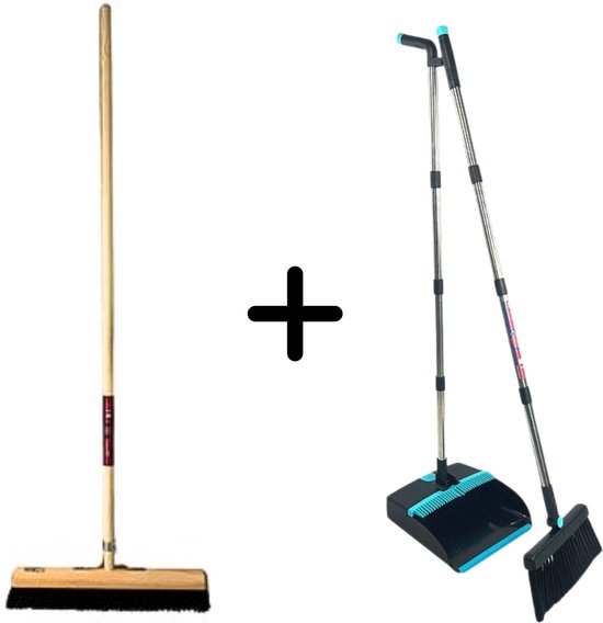 Synx Tools Balai en crin de cheval 50 cm & Ensemble balayette et pelle – Balai souple avec manche de 150 cm – Manche de balayette et pelle réglable jusqu'à 121 cm – Dent de nettoyage incluse