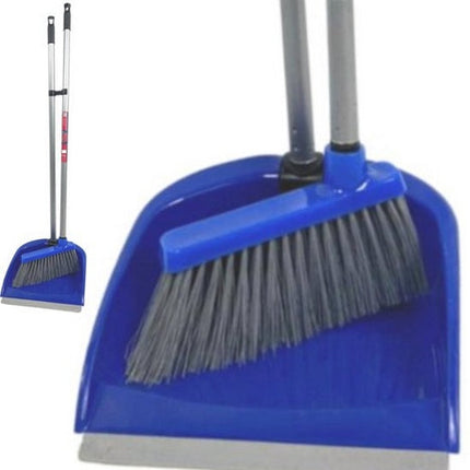 Blauwe stoffer en blik set met lange steel