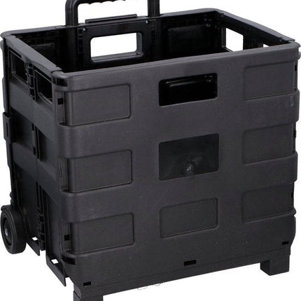 Zwarte vouwkrat boodschappentrolley met stevige constructie.