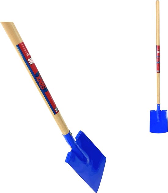 Blauwe kinderspade met houten steel, lengte 73cm
