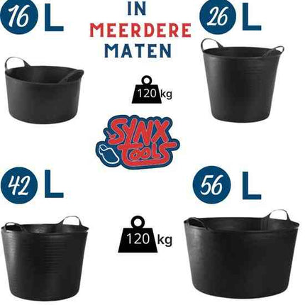 Beschikbare maten Synx Tools emmers: 16L, 26L, 42L, 56L.