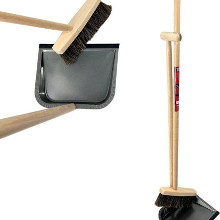 Balai doux, pelle et pelle à poussière avec long manche Kit de nettoyage - 97 cm - plumeau - Bois/métal - crin de cheval Balai de salle (30 cm) avec manche 120 cm - Kit combiné - Kit de nettoyage complet pour espaces intérieurs