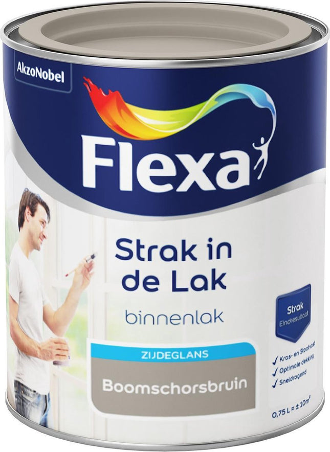 Flexa - Strak in de Lak - À base d'eau - Brillant satiné - brun écorce d'arbre - 0,75 litre