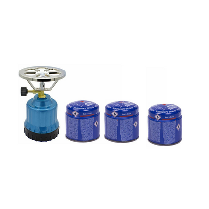 Kunststof camping kookstel blauw met gasnavullingen