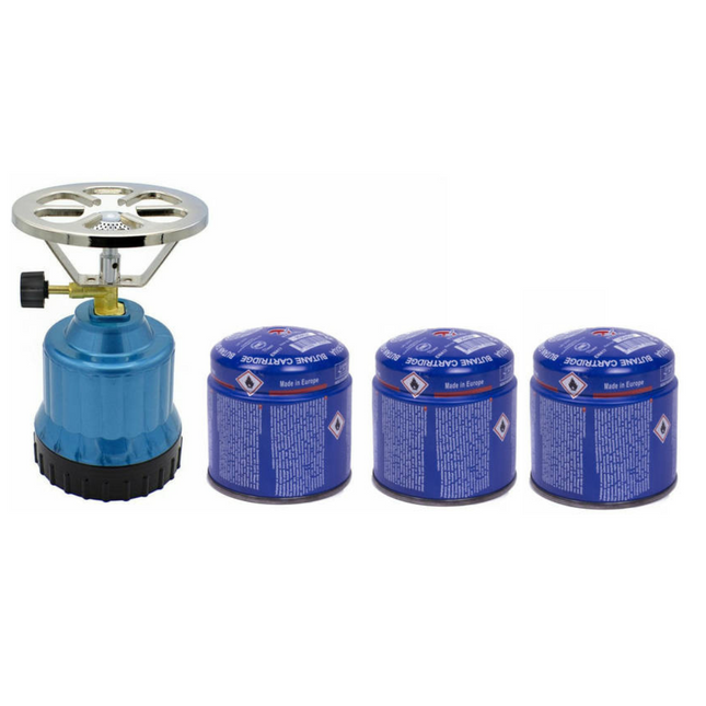 Blauw camping kookstel met 3 gasnavullingen 190g