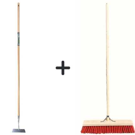 Synx Tools Houe droite avec manche 160 cm et balai de rue en nylon 35 cm - Balai d'extérieur - Houe - Avec manche 160 cm