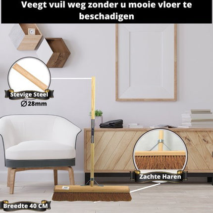 Synx Tools Balai d'intérieur Coco 40 cm + Raclette en plastique 55 cm avec manche 150 cm - Balai de salle – Nettoyeur de sol – Caoutchouc naturel – Balai doux en coco avec manche 160 cm