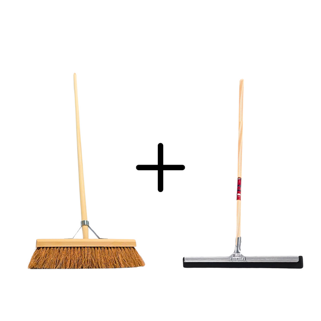 Synx Tools Balai d'intérieur en coco 40 cm + raclette 45 cm avec manche 150 cm - Balai de salle – Nettoyeur de sol – Serpillères - Balai doux en coco avec manche 160 cm