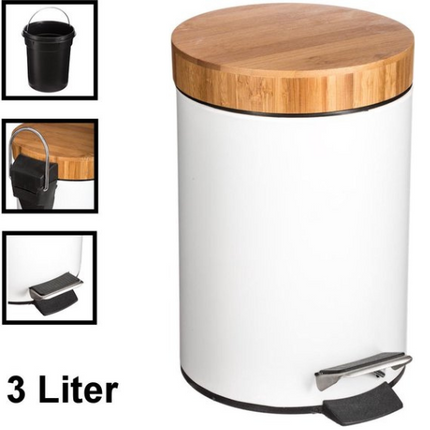 Poubelle à pédale 3 L Compacte Poubelle Mat Blanc avec couvercle en bambou