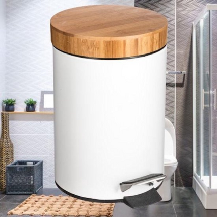 Poubelle à pédale 3 L Compacte Poubelle Mat Blanc avec couvercle en bambou