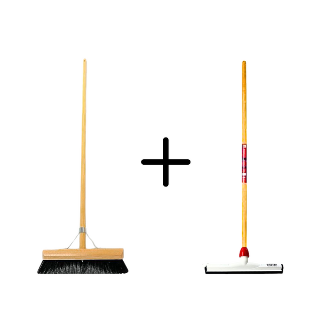Synx Tools Crin de cheval 30 cm + Raclette en plastique 35 cm avec manche 120 cm - Balai pour sol - Nettoyant pour sol - Caoutchouc naturel - Balai intérieur doux avec manche 130 cm