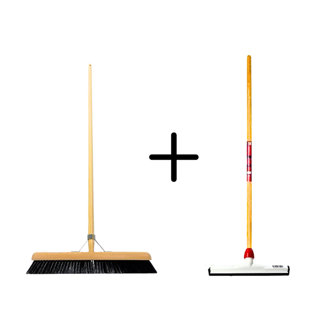 Synx Tools Crin de cheval 50 cm + Raclette en plastique 35 cm avec manche 120 cm - Balai pour sol - Nettoyant pour sol - Caoutchouc naturel - Balai intérieur souple avec manche 150 cm