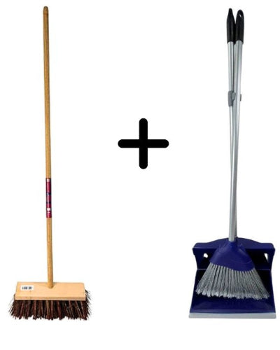 Synx Tools Balai de ville 150 cm & Ensemble pelle et balayette – Fibres naturelles dures – Balai de rue & Pelle et balayette d'hôtel avec long manche 95 cm – Modèle fermant