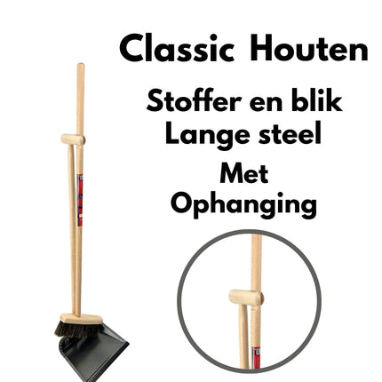 Classic houten stoffer en blik met ophanging