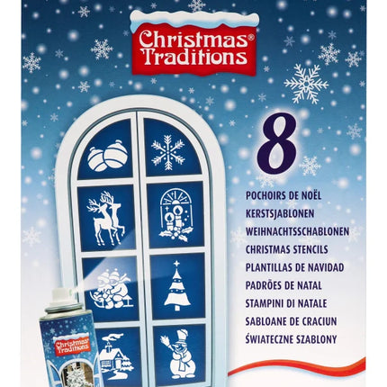 Spray neige avec Noël Kit de pochoirs pour fenêtres - neige en spray - décoration neige (8 pièces, 150 ml)