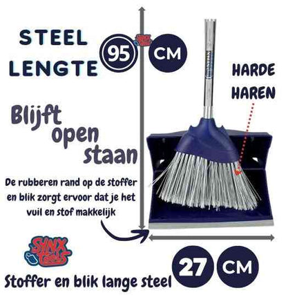 Steel lengte 95 cm rn 27cm breed blijft open staan stoffer en blik met lange steel met rubberen rand